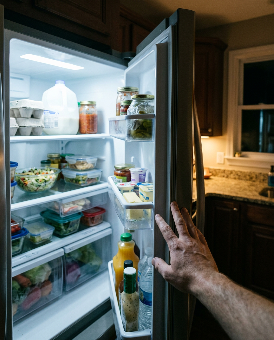 Open fridge moment used as an everyday memory-lapse illustration
